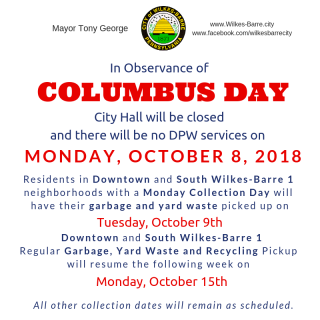 2018 Columbus Day Collection Schedule